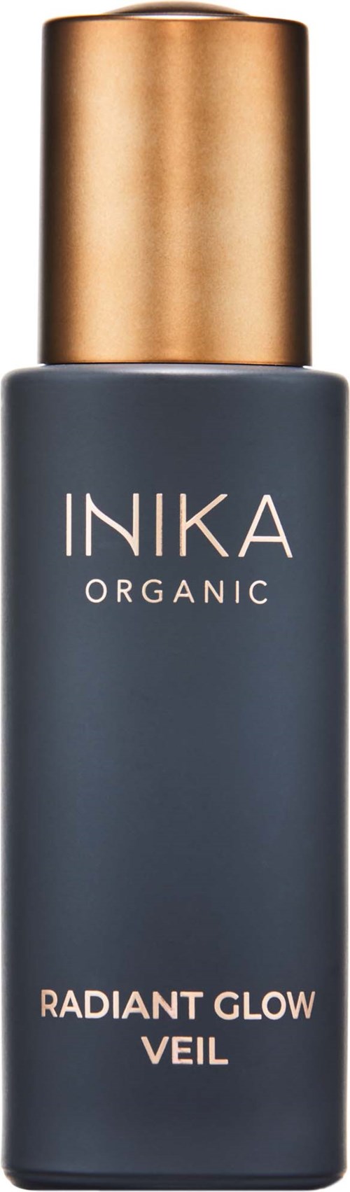 Eine dunkelgraue Flasche mit goldener Kappe. Darauf steht "INKA ORGANIC" und "RADIANT GLOW VEIL".