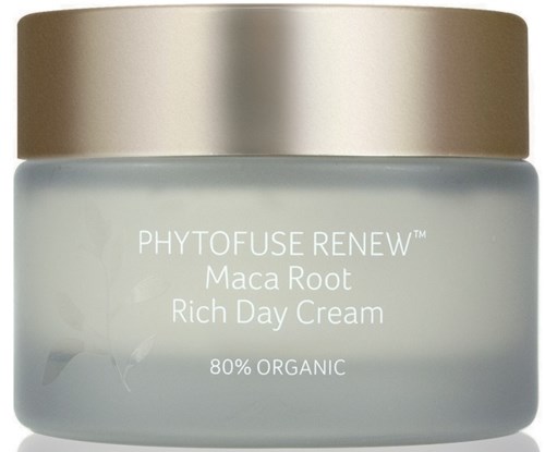 En burk med guldlock märkt 'PHYTOFUSE RENEW Maca Root Rich Day Cream, 80% ORGANIC'.