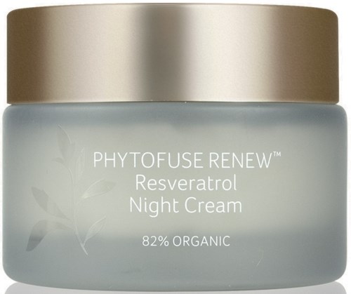 Lasipurkki, jonka kyljessä lukee Phytofuse Renew Night Cream, 82 % luomua, sisältää Resveratrol.