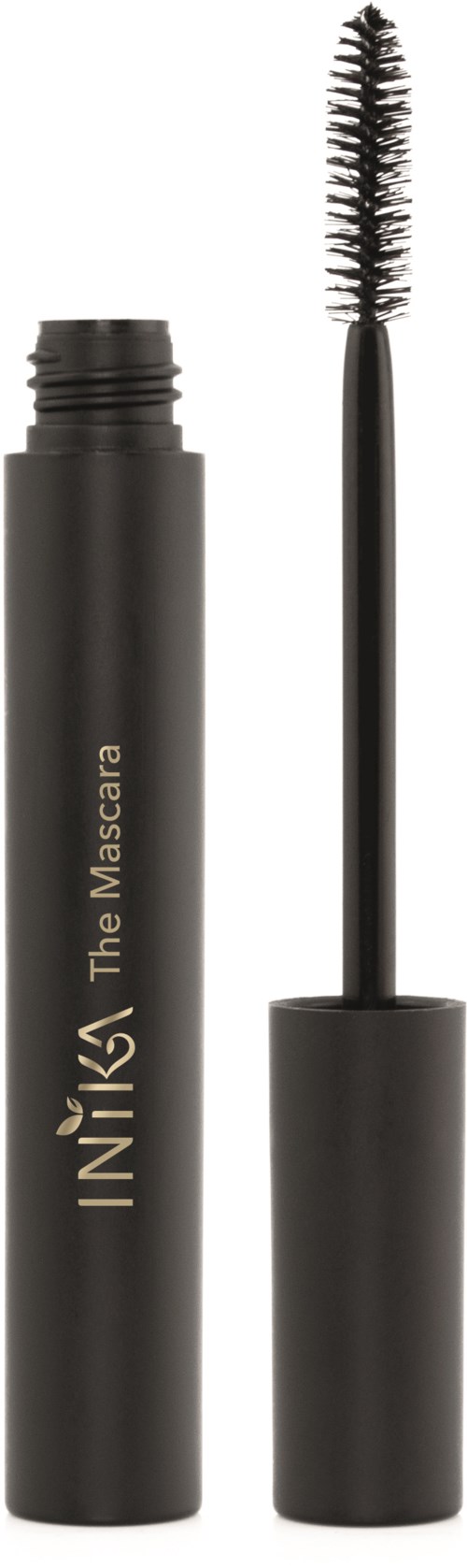 En svart mascara-tub med en öppen borste. Tuben har guldtext som lyder 'The Mascara'.