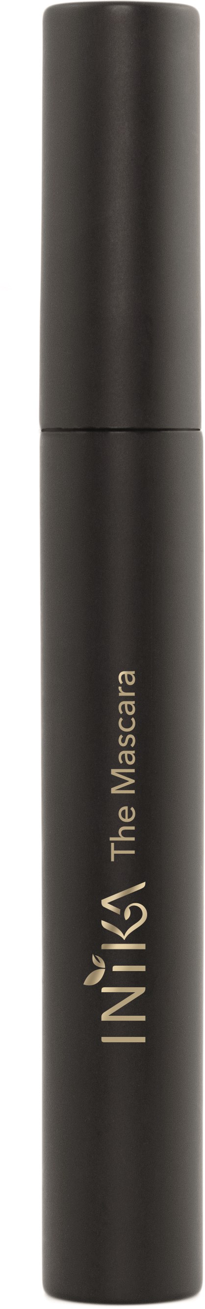 En svart tot Cylindriskt rör, märkt 'The Mascara' med guld- och vit text, kanske ett mascara-produk.