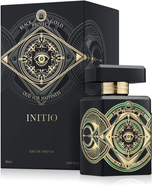 A perfume bottle and box with gold and green eye and eye-catching design, labeled 'INITIO' and 'Oud for Happiness.'