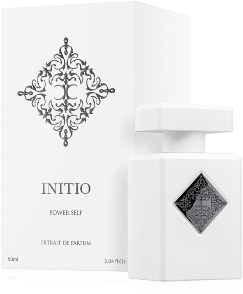 A white perfume bottle with black decorative pattern and a box labeled 'INITIO' and 'POWER SELF' in simple font.