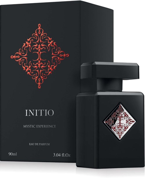 Czarna butelka perfum z ozdobnym czerwonym wzorem i pasującym pudełkiem, oznaczona 'INITIO' i 'Mystic Experience'.