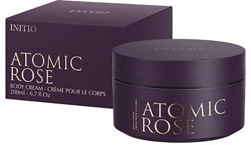 A purple box and jar with gold and white text. They are labeled 'Atomic Rose' body cream.