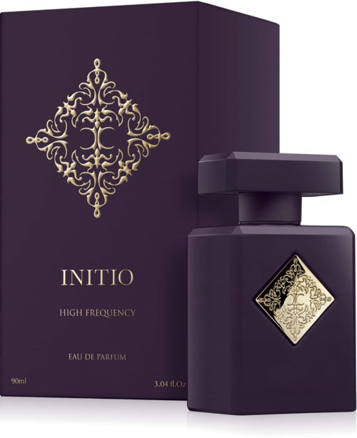 A perfume bottle and box in dark purple with gold decorative designs and text. The perfume is called Initio High Frequency.