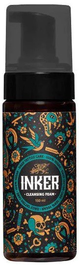 En liten flaska med färgglad design med skallar och blommor, märkt INKER Rengöringsskum, 150 ml.