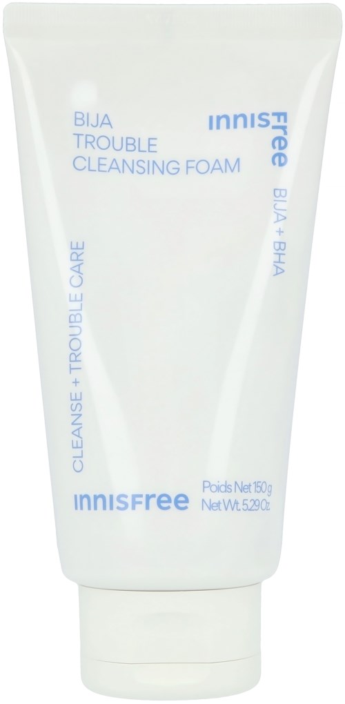 White tube of Innisfree Bija Trouble Cleansing Foam with blue text. It is a skincare product for trouble-prone skin.