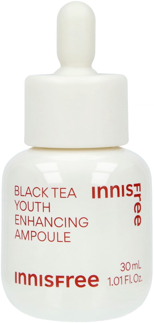 Eine weiße Flasche mit Tropferkopf, beschriftet 'Black Tea Youth Enhancing Ampoule' von Innisfree.