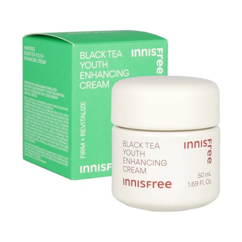 Innisfree Black Tea Youth Enhancing Cream -rasia ja sen vihreä laatikko.