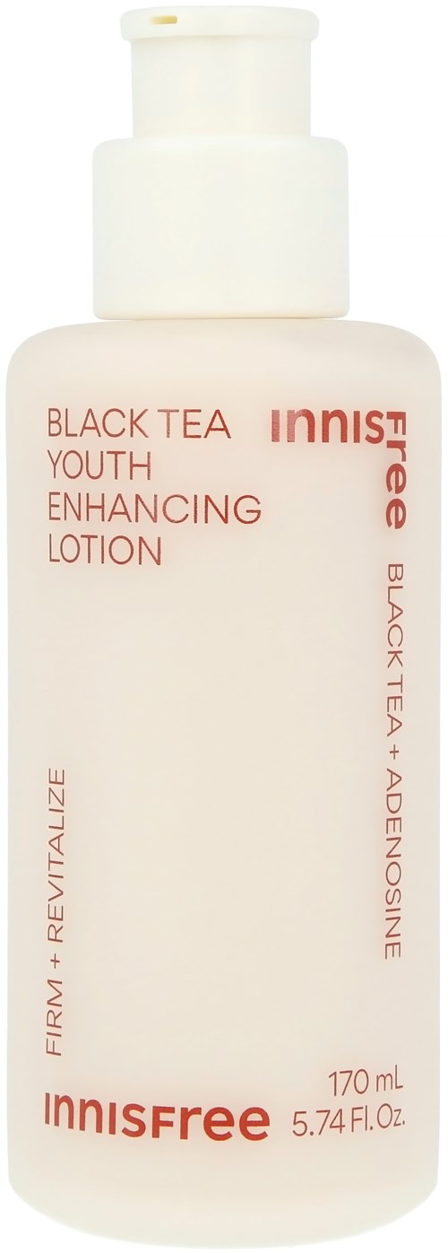 Eine weiße Flasche mit pinkem und rotem Text für Innisfree Black Tea Youth Enhancing Lotion, 170 ml.