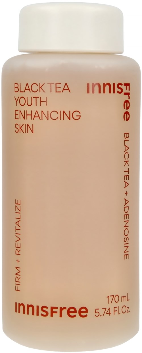 Beige Flasche mit weißem Deckel, beschriftet Innisfree Black Tea Youth Enhancing Skin, 170ml, für Hauterneuerung.
