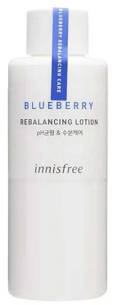 A white bottle labeled 'Blueberry Rebalancing Lotion' from Innisfree, with blue and black text and a blue stripe on the cap.