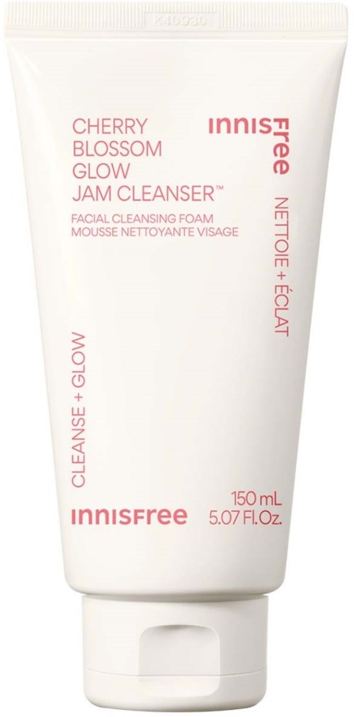 Witte tube van Innisfree Cherry Blossom Glow Jam Cleanser met roze tekst, 150 ml, vooraanzicht.