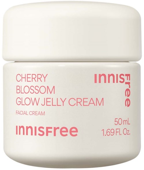 Merkellogo en productnaam op een witte pot met Innisfree Cherry Blossom Glow Jelly Cream, 50 ml.