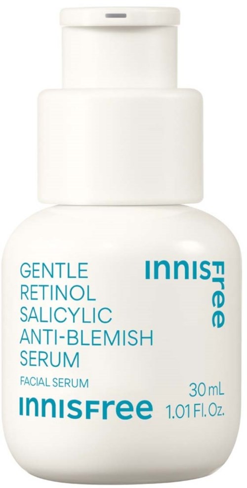 Witte fles met blauwe tekst, geeft aan dat het een zachte retinol salicylzuur anti-blemish serum is van Innisfree.