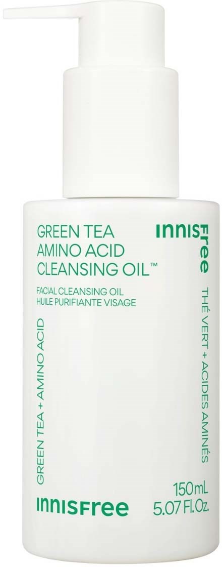 Een witte fles met groene tekst voor Innisfree Green Tea Amino Acid Cleansing Oil. Pompopbouw op top.