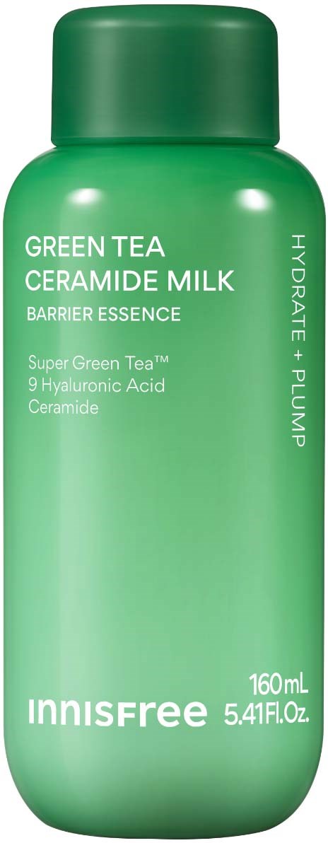 Groene fles van Innisfree Green Tea Ceramide Milk met etiket met ingrediënten en inhoudsmaat.
