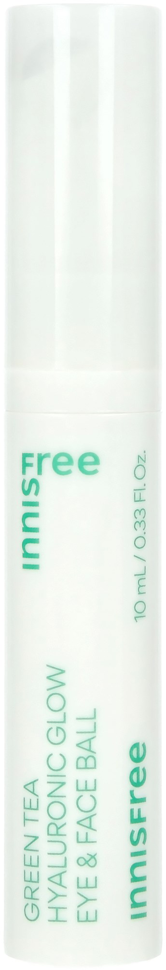 Eine weiße Tube mit grüner Schrift, labeled Innisfree, enthält grünen Tee Augen- und Gesichtsballgel.