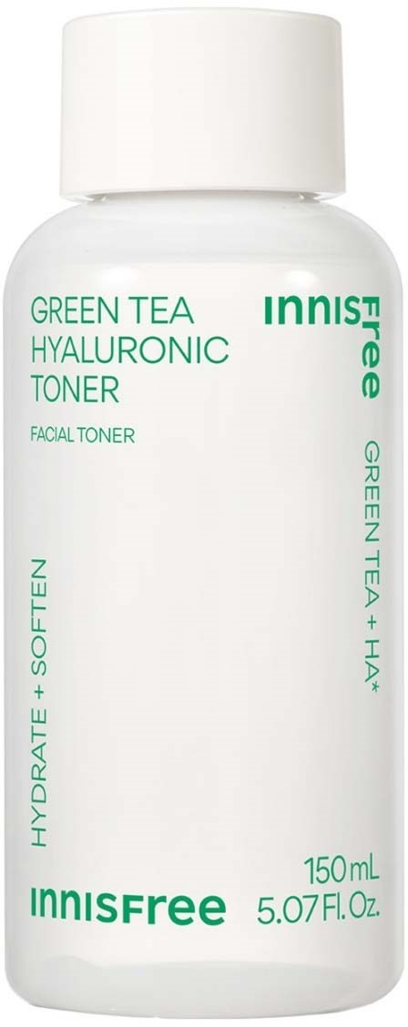 Witte fles van Innisfree Green Tea Hyaluronic Toner met groene tekst, 150 ml voor hydratatie en kalmering van de huid.