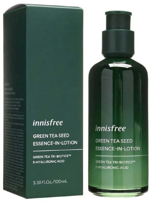 A green bottle and box for Innisfree Green Tea Seed Essence-in-Lotion, with text about tea seed and hyaluronic acid.