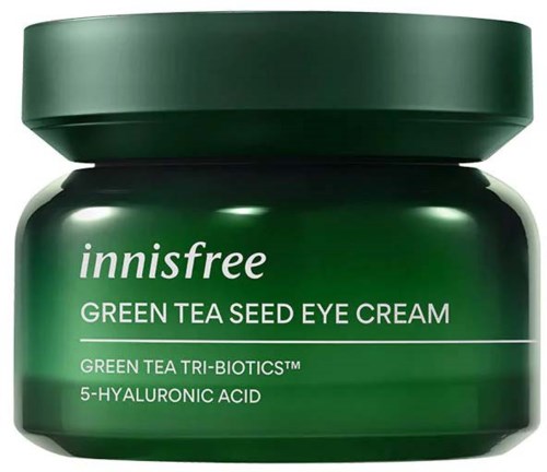 Green jar of Innisfree Green Tea Seed Eye Cream with a matching green lid.