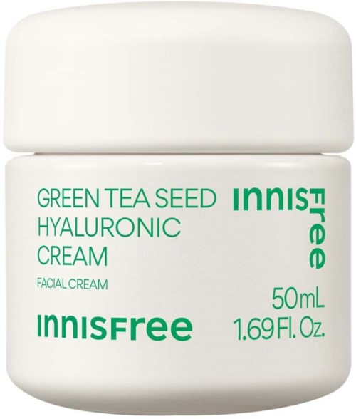 Een witte pot met Innisfree Green Tea Seed Hyaluronic Cream met groene en zwarte tekst op het etiket.