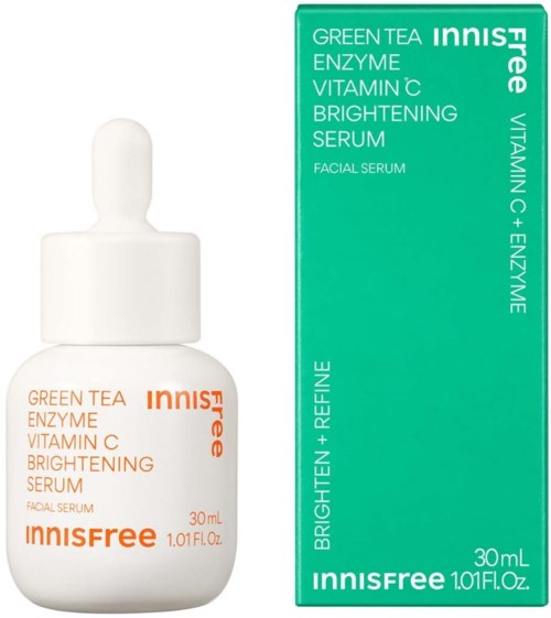 Witte fles met oranje tekst en logo, naast een teal doos met productdetails.