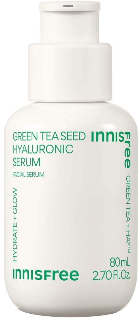 Flesje Innisfree Green Tea Seed Hyaluronic Serum voor gezicht, met witte pomp en groene tekst.
