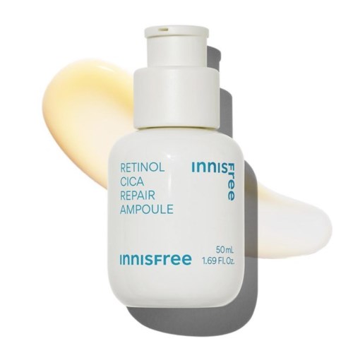 Biała butelka Innisfree Retinol Cica Repair Ampoule z kremem lub lotionem za nią.