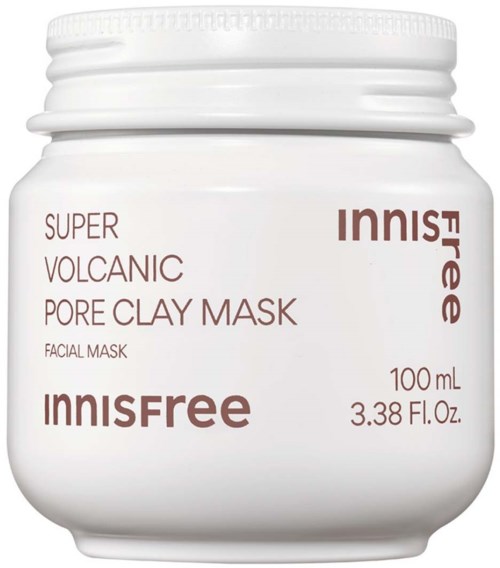 Witte pot met Innisfree Super Volcanic Pore Clay Mask met bruine tekst en deksel.