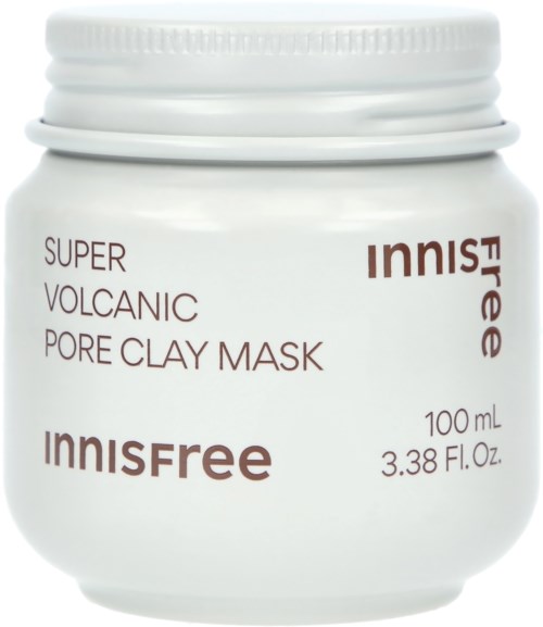En vit burk med Innisfree Super Volcanic Pore Clay Mask, med vit skruvkork och produktinformation på etiketten.
