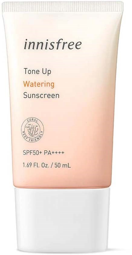 A sunscreen tube labeled 'Innisfree Tone Up Watering Sunscreen' with SPF50+ and PA++++, 50 ml volume, pink and white design.