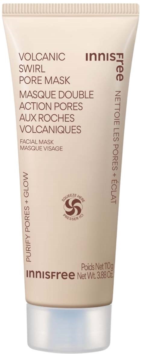 En beige ansiktsmaske rør med innisfree-merke som spesifiserer vulkansving pore maske for å rense og rense porene.