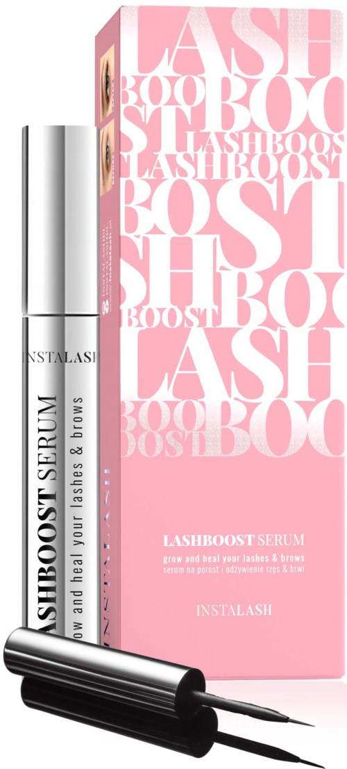 En rosa och vit box med fet stiltext för Lashboost Serum, med ett silverserumrör och applicator utanför.