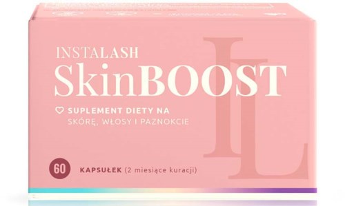Różowe opakowanie kapsułek SkinBOOST na skórę, włosy i paznokcie, ponad 60 kapsułek na dwa miesiące.