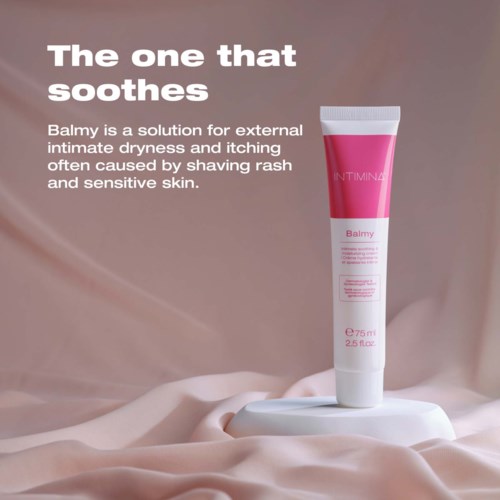 A tube of Balmy cream for sensitive skin, placed on a soft fabric background, with text explaining its soothing benefits.
