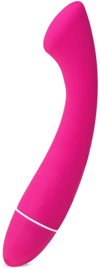 En rosa, böjd, slät sak formad som en vibrator. Den verkar vara gjord av mjukt material.