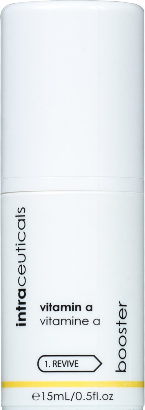 En vit cylindrisk behållare med text som visar att det är en vitamin A-boost från Intrarceuticals, märkt "Revive."
