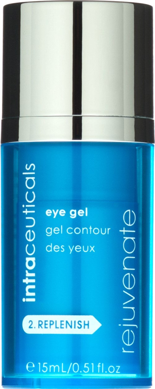 En blå ögon gel flaska med en silverlock, märkt 'intacticals', 'eye gel', och 'rejuvenate', innehåller 15 ml.