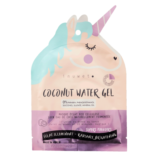 Unicornformad vatten gelpåse med pastellfärger, lila och svart etikett, och ett horn. Främjar hudens ljushet.
