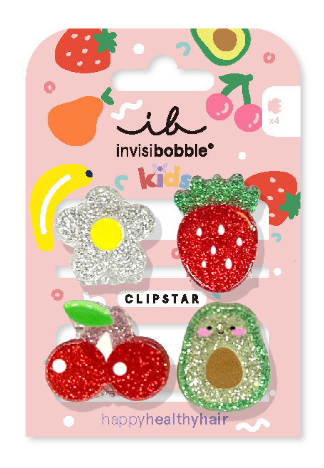 Et sett med fargerike hårklemmer formet som frukt og grønnsaker, med glitter og glade design for barn.