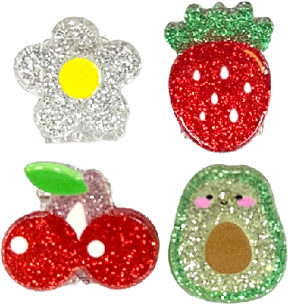 Fire fargerike, glitteraktige gelpenner formet som en blomst, jordbær, kirsebær og avokado. Lyse og lekne design.