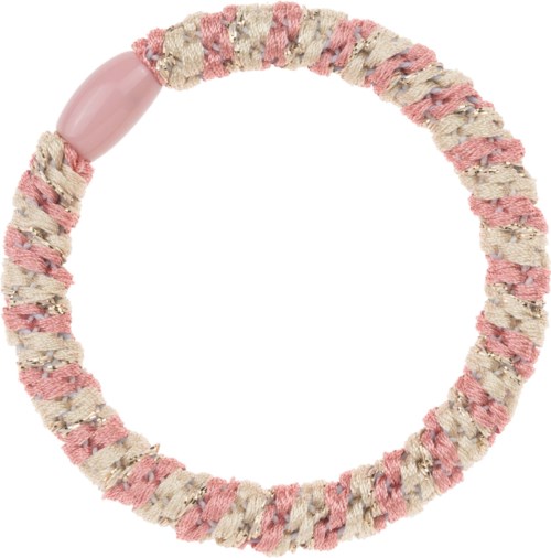 Ett runt tygarmband med rosa och beige färger och en rosa lås. Det är gjort av flätat tyg.