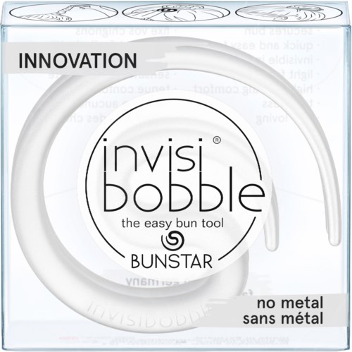 En cirkulär invisibobble-hårsnodd med orden 'the easy bun tool,' 'innovation,' och 'no metal' på förpackningen.