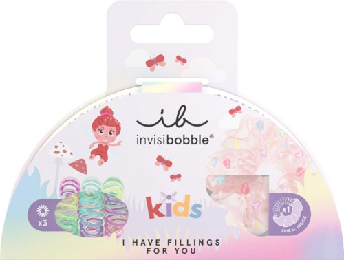 Färgglada hårsnoddar för barn i ett paket med fjärilar och lekfulla karaktärer, märkta som "Kids" med en slogan.
