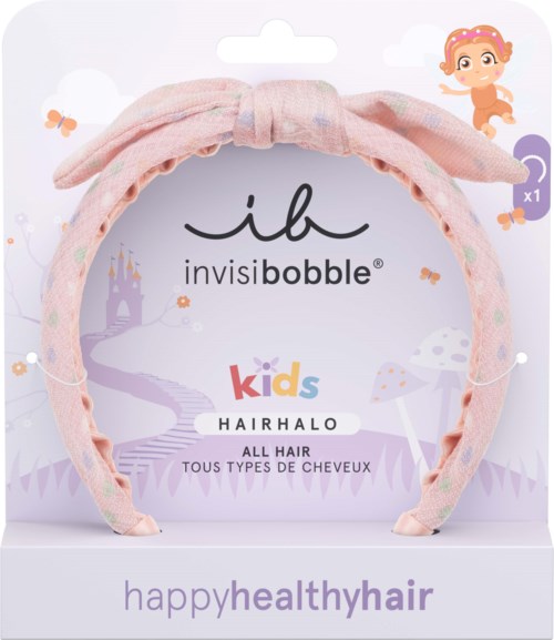 Hellrosa Stirnband mit Schleife, für Kinderhaare, von Invisibobble, auf bunter Verpackung. Fröhliches und verspieltes Design.