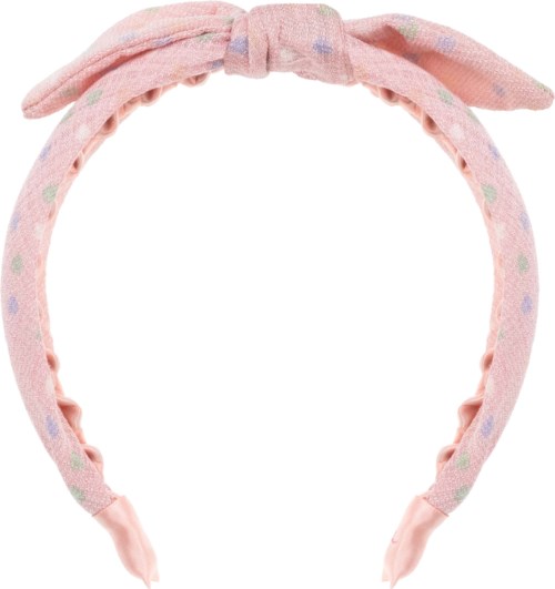 Ein pinkes Stirnband mit Schleife und bunten Punkten, geeignet für kleine Kinder oder Babys.