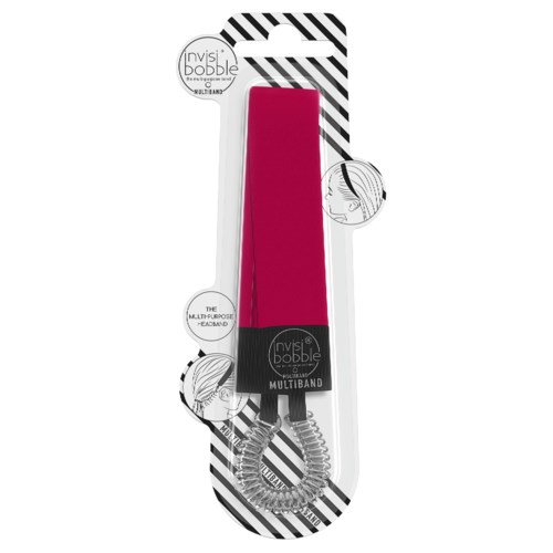 Bilden visar en rosa hårborste med ett flexibelt handtag, i förpackning med svartvita ränder. Borsten är märkt 'Invisibobble' och 'Multiband.'