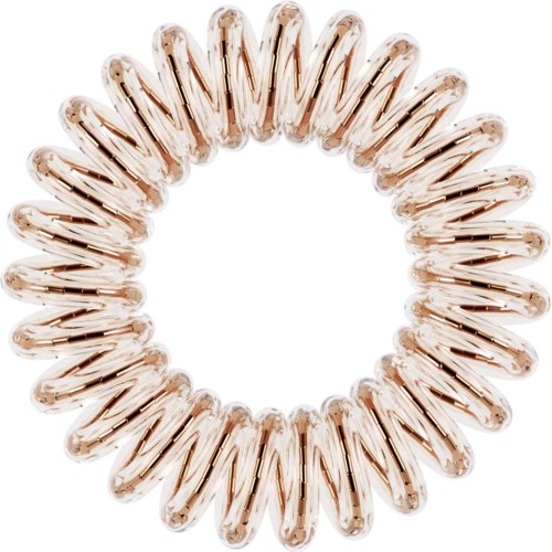 A circular hair tie with pinkish-beige attached spirals, designed to hold hair in a ponytail or bun.